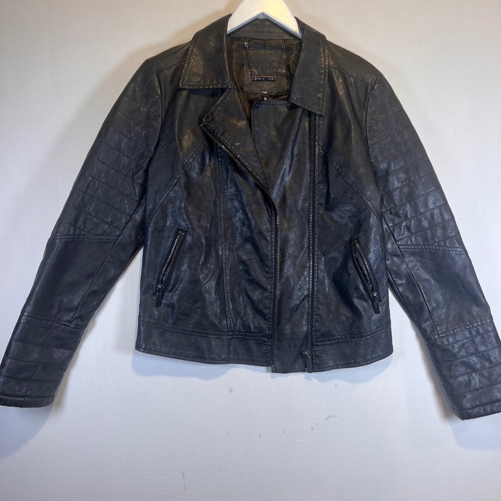 Buffalo David Bitton Womens Black Faux Leather Moto Quilted Biker Jacket Size M